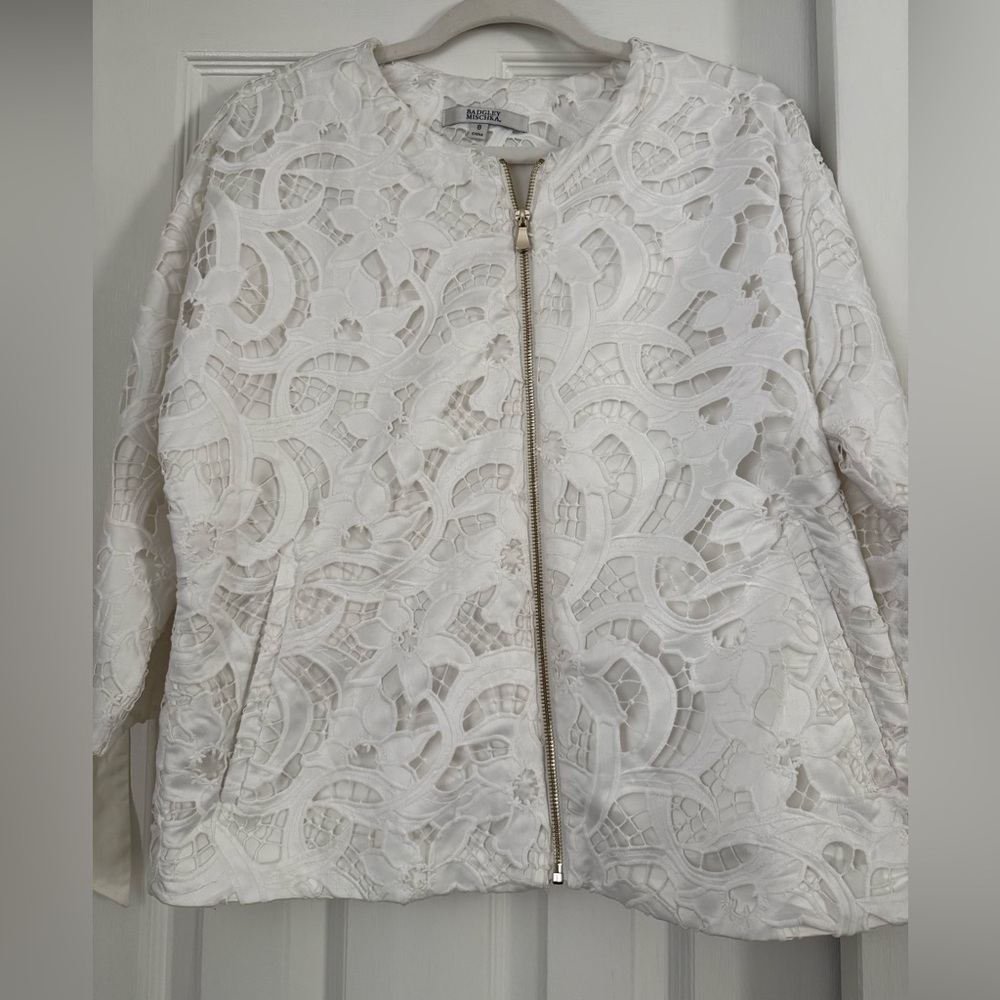 Badgley Mischka White Lace Bomber Jacket